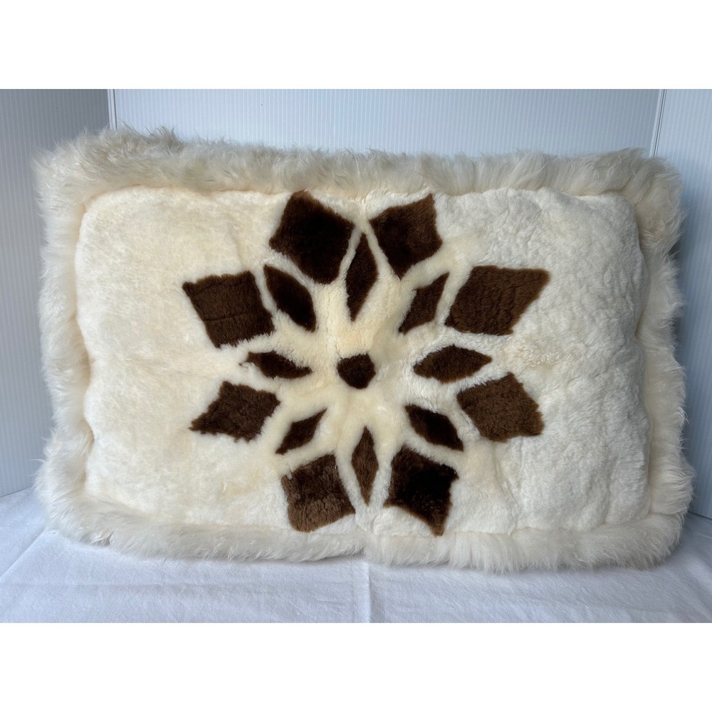 Vintage Plush Throw Pillow Cream Brown Snowflake Shaggy Faux Fur Accent Pillow